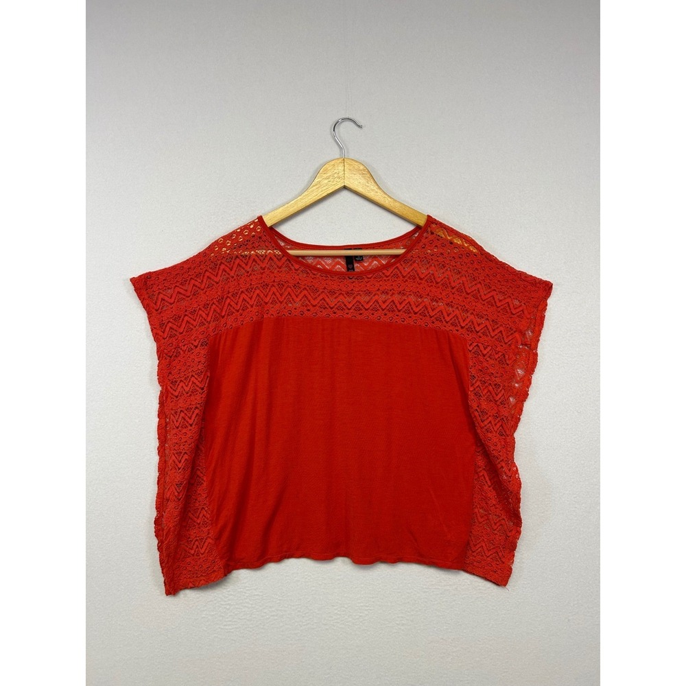 Boho Romantic 3 Hearts Womens Small Red Lace Yoke Relaxed Fit Cap Sleeve‎ Top